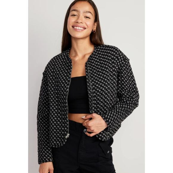 Old Navy Women's NWT Black Geometric Quilted Bomber Jacket Zip Front Size Medium - Picture 1 of 7